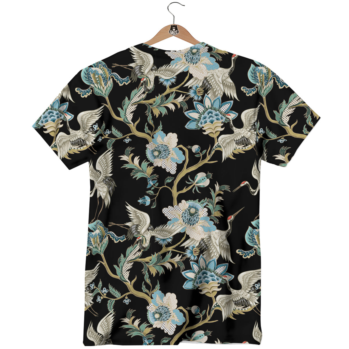White Cranes Japanese Black Print Pattern T-Shirt-grizzshop