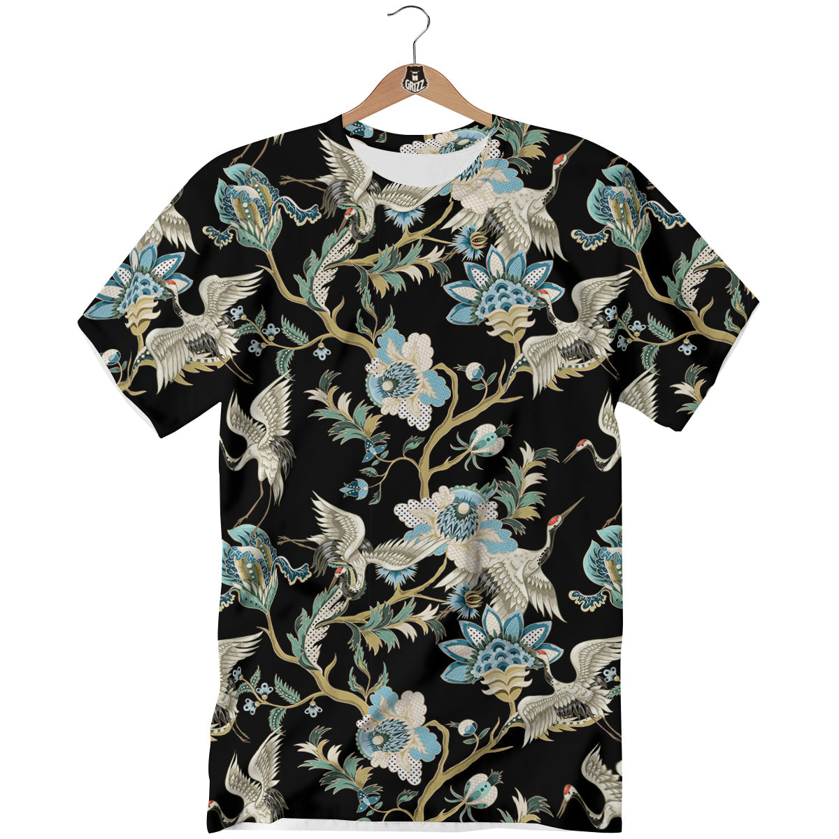 White Cranes Japanese Black Print Pattern T-Shirt-grizzshop