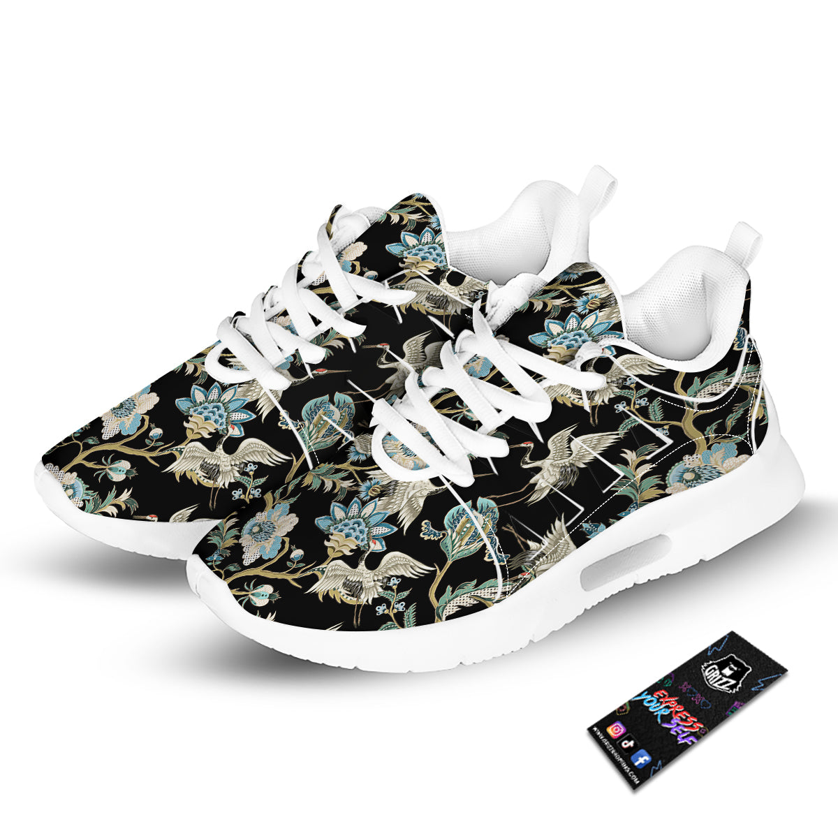 White Cranes Japanese Black Print Pattern Tennis Shoes-grizzshop
