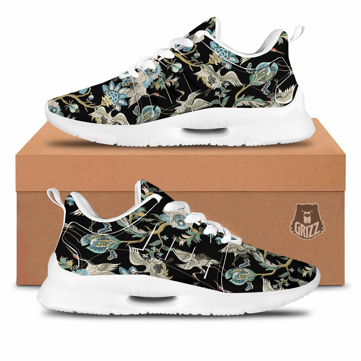 White Cranes Japanese Black Print Pattern Tennis Shoes-grizzshop
