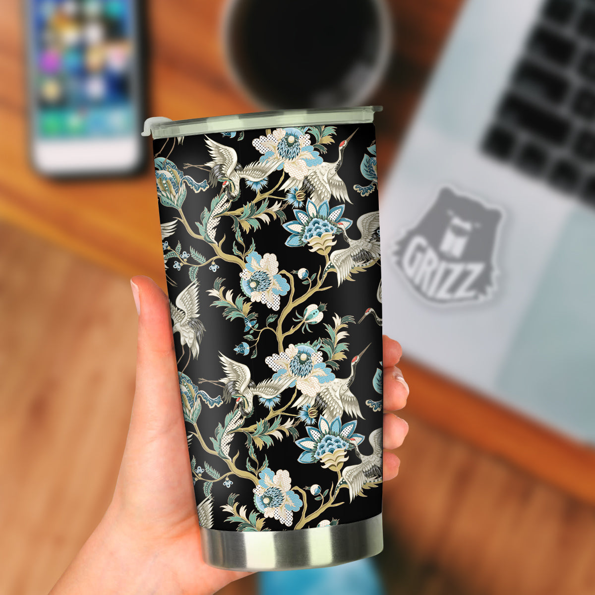 White Cranes Japanese Black Print Pattern Tumbler-grizzshop