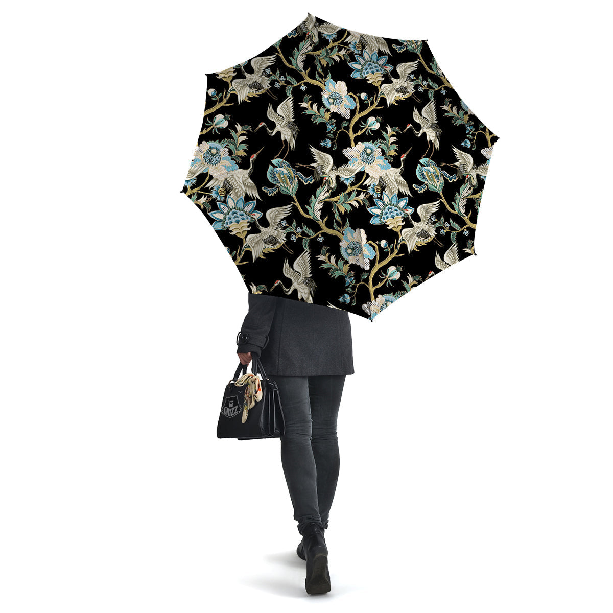 White Cranes Japanese Black Print Pattern Umbrella-grizzshop