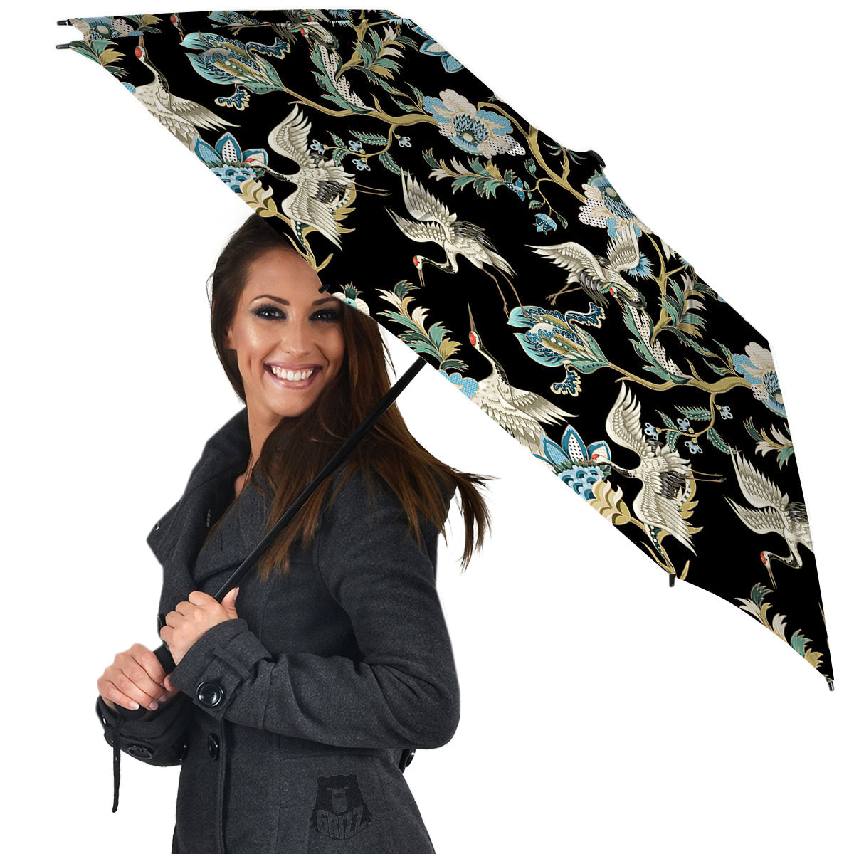 White Cranes Japanese Black Print Pattern Umbrella-grizzshop