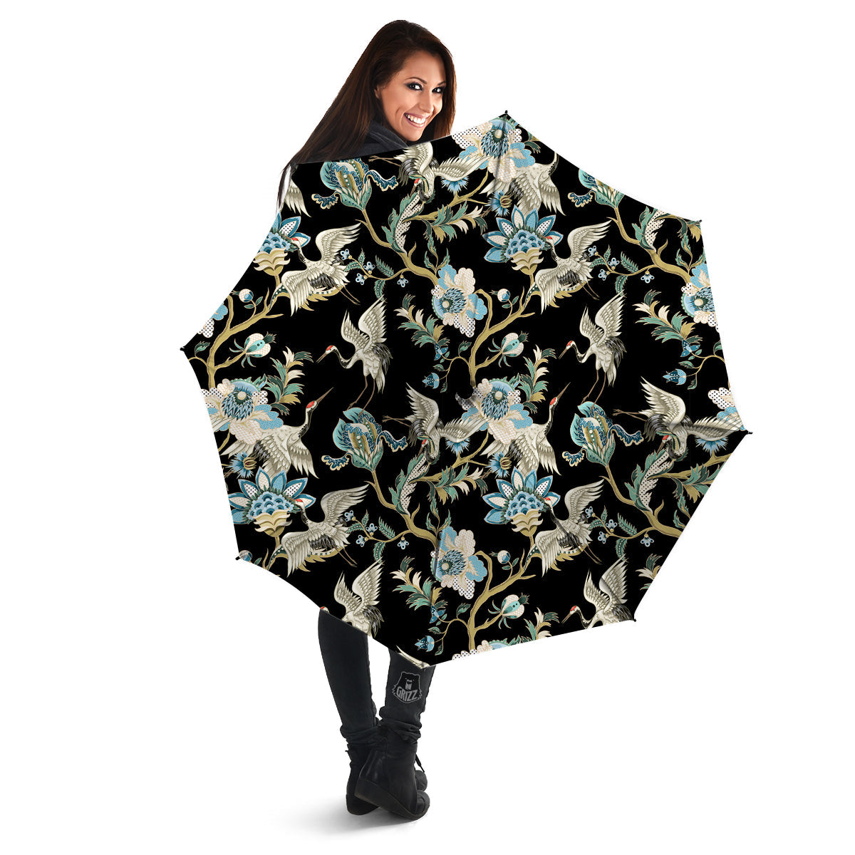 White Cranes Japanese Black Print Pattern Umbrella-grizzshop