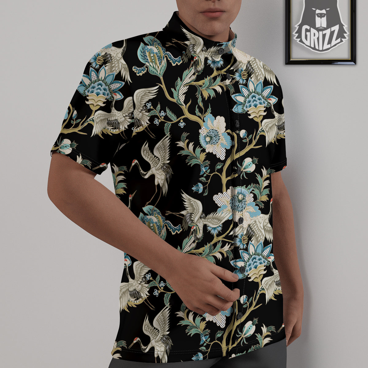 White Cranes Japanese Black Print Pattern Untucked Shirts-grizzshop