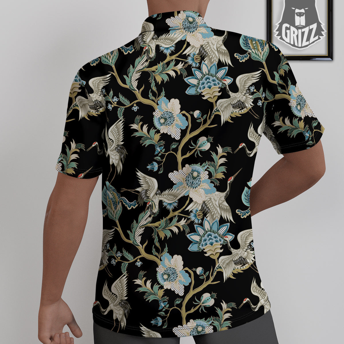 White Cranes Japanese Black Print Pattern Untucked Shirts-grizzshop