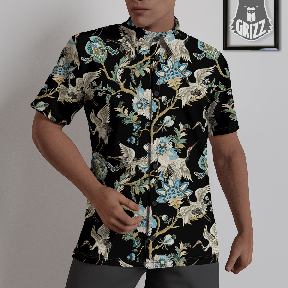 White Cranes Japanese Black Print Pattern Untucked Shirts-grizzshop