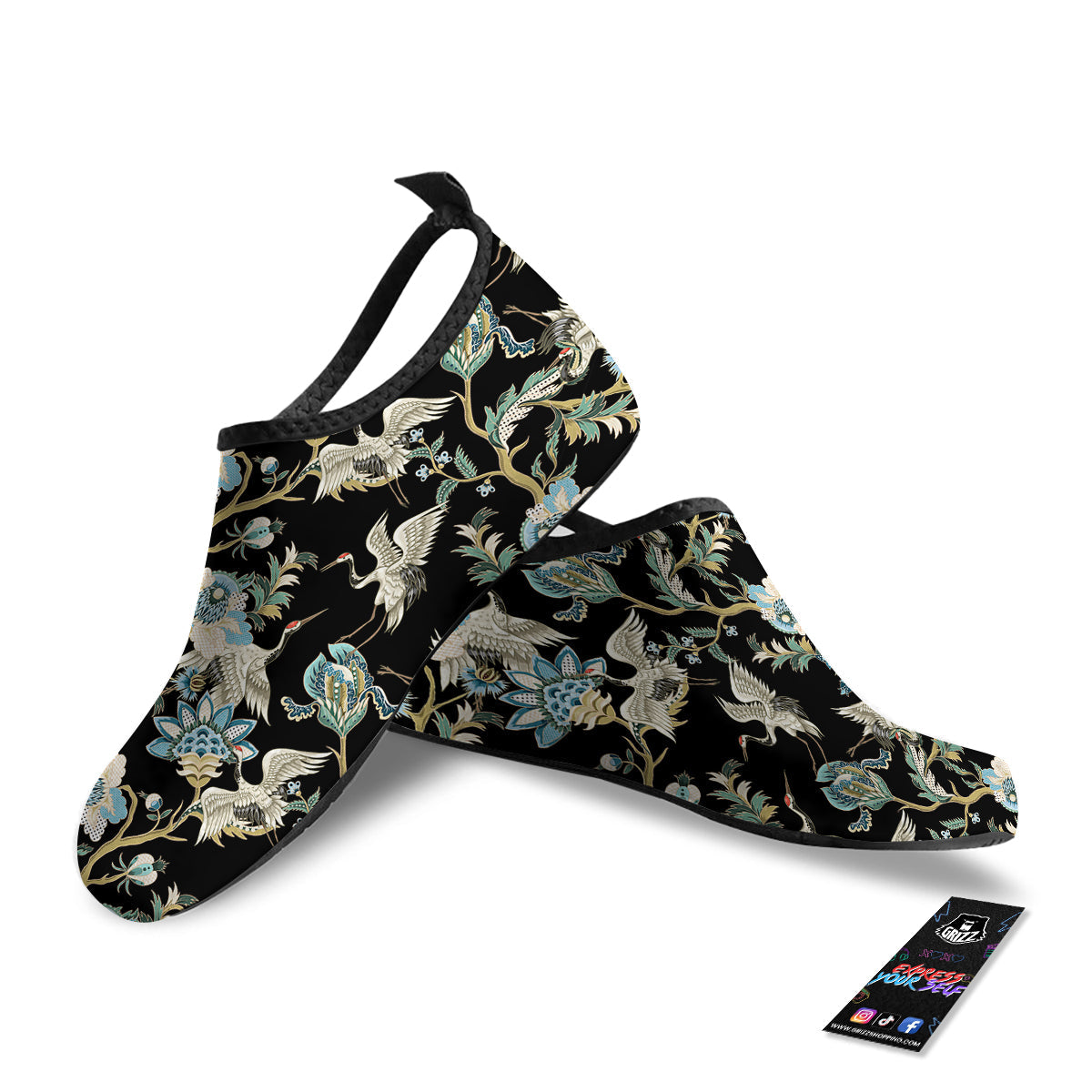 White Cranes Japanese Black Print Pattern Water Shoes-grizzshop