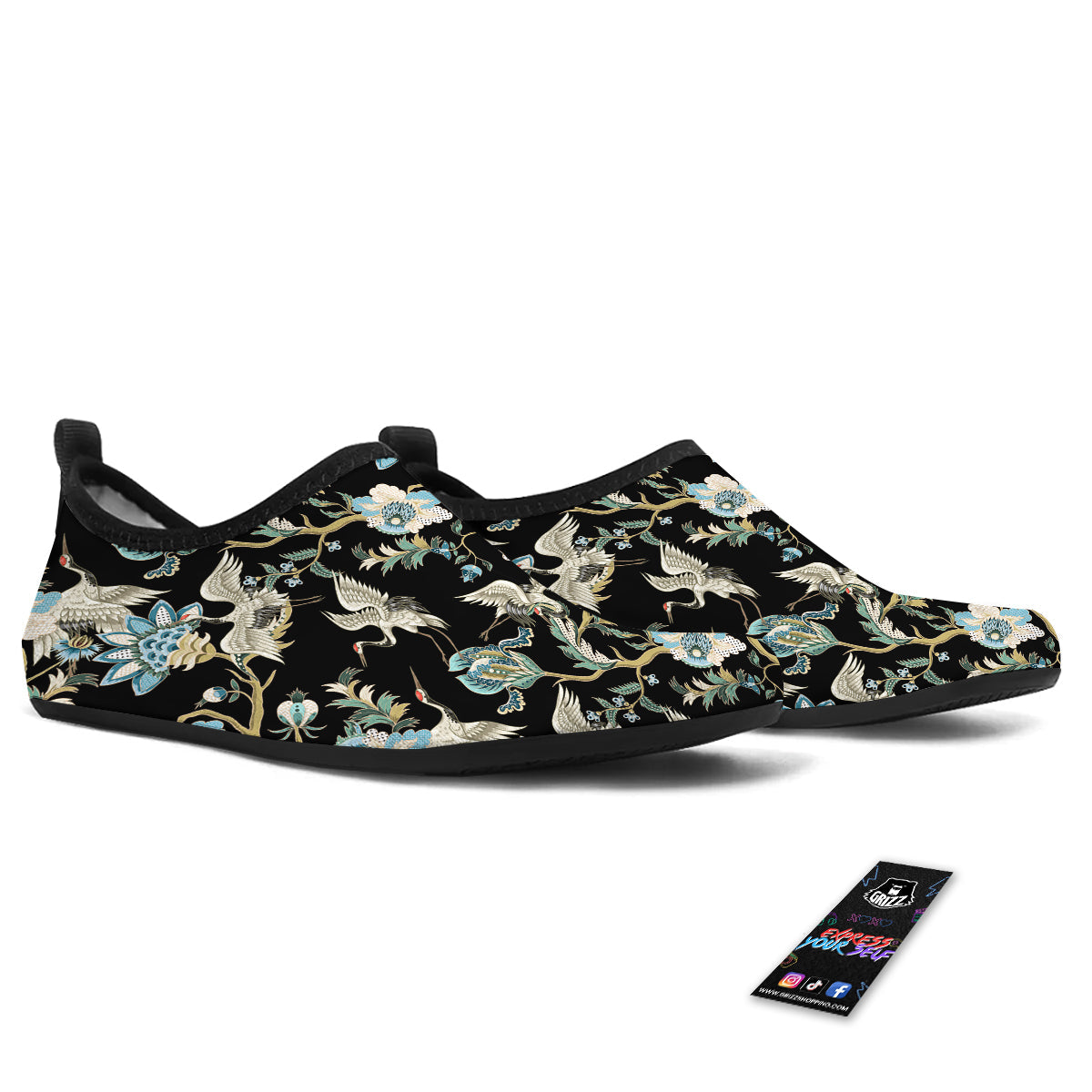 White Cranes Japanese Black Print Pattern Water Shoes-grizzshop