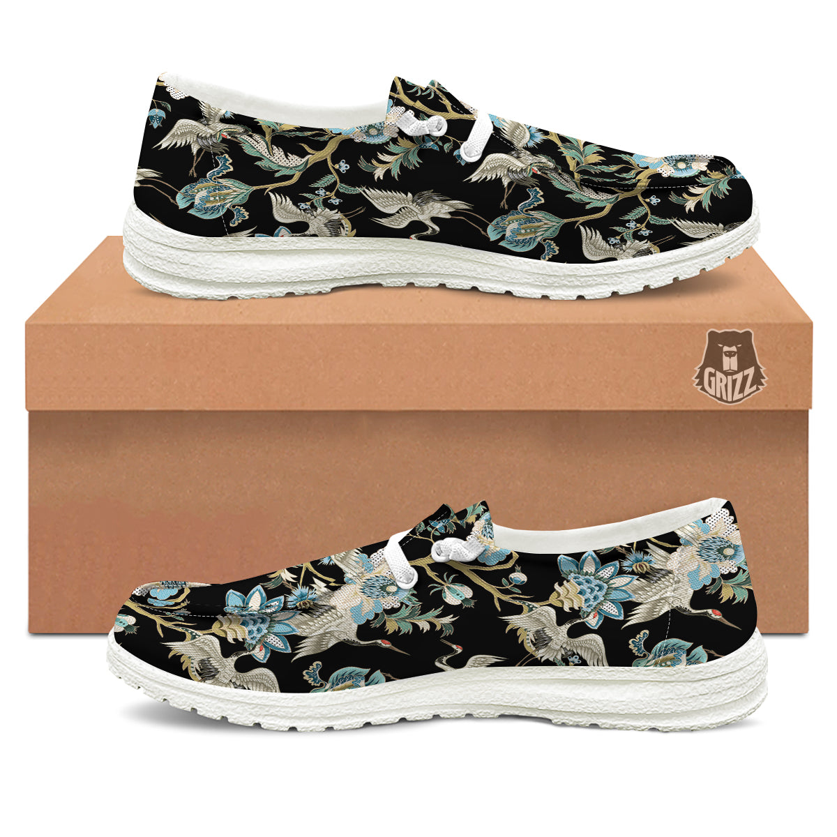 White Cranes Japanese Black Print Pattern White Loafers-grizzshop