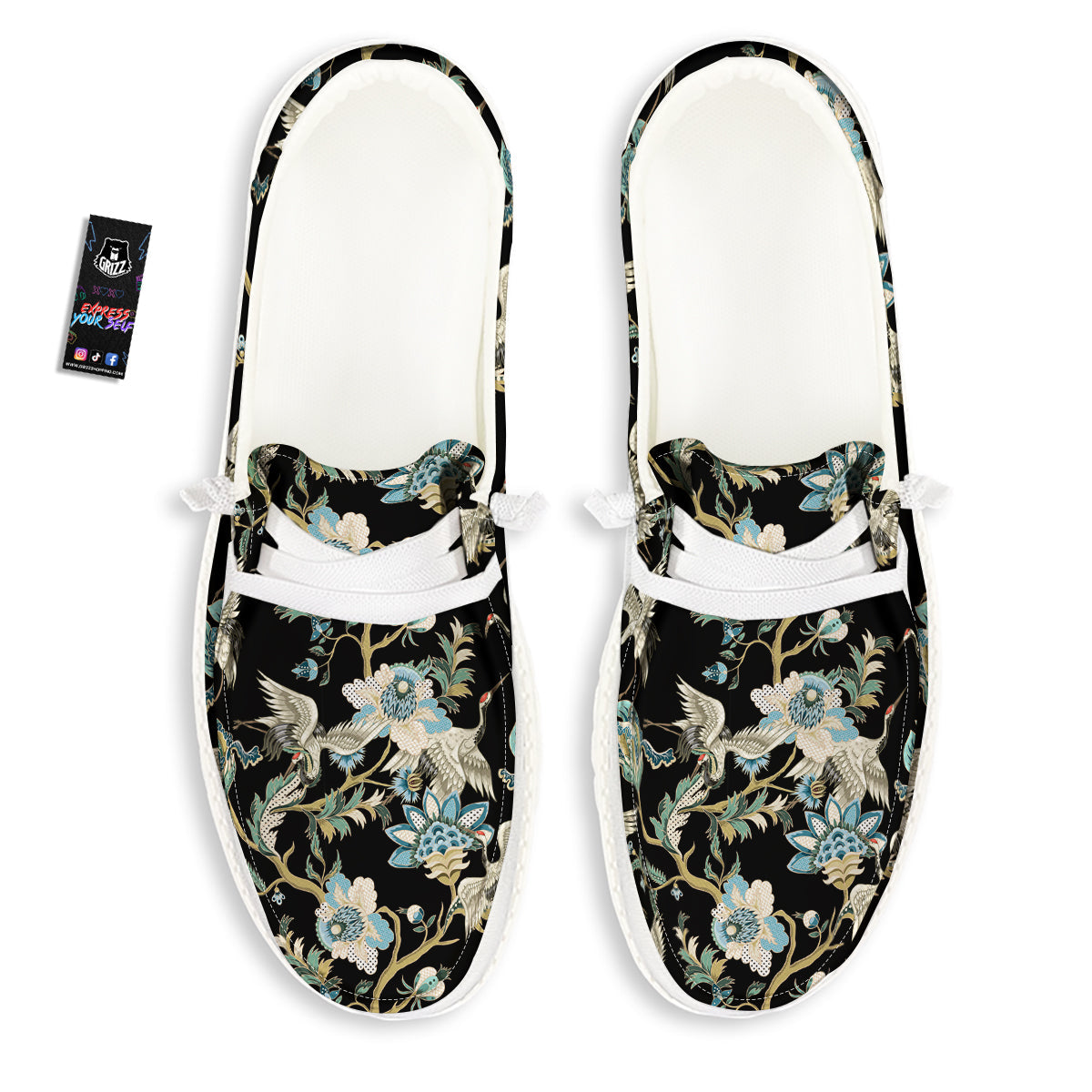 White Cranes Japanese Black Print Pattern White Loafers-grizzshop