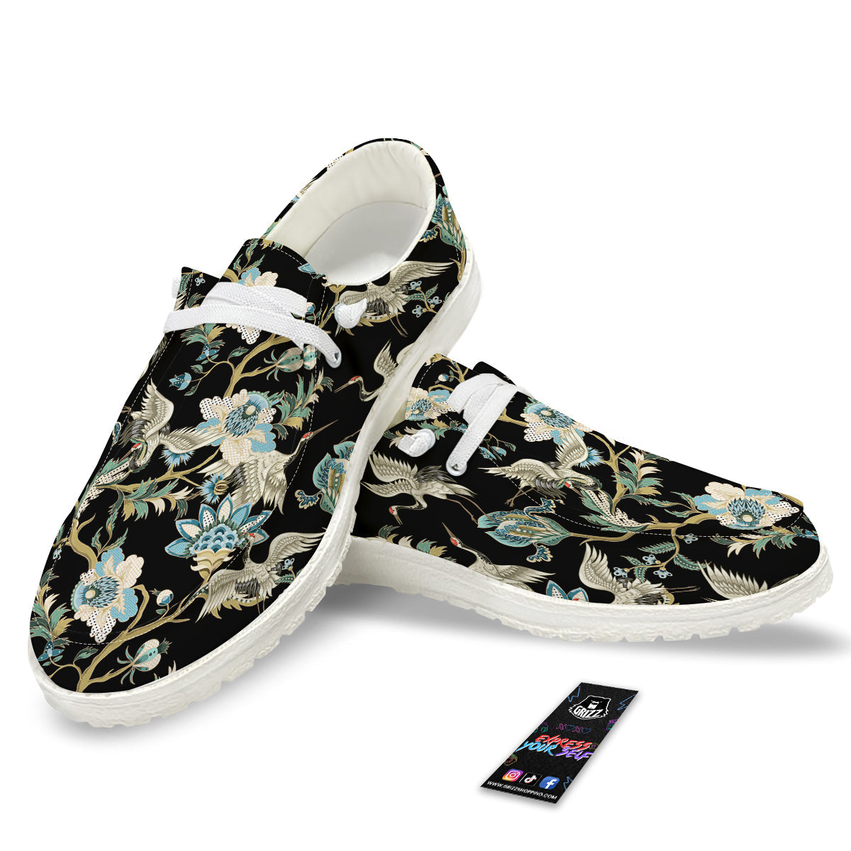 White Cranes Japanese Black Print Pattern White Loafers-grizzshop