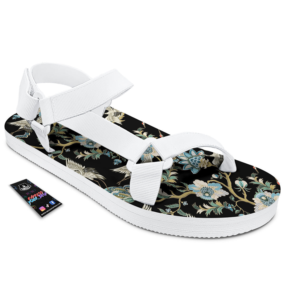 White Cranes Japanese Black Print Pattern White Open Toe Sandals-grizzshop