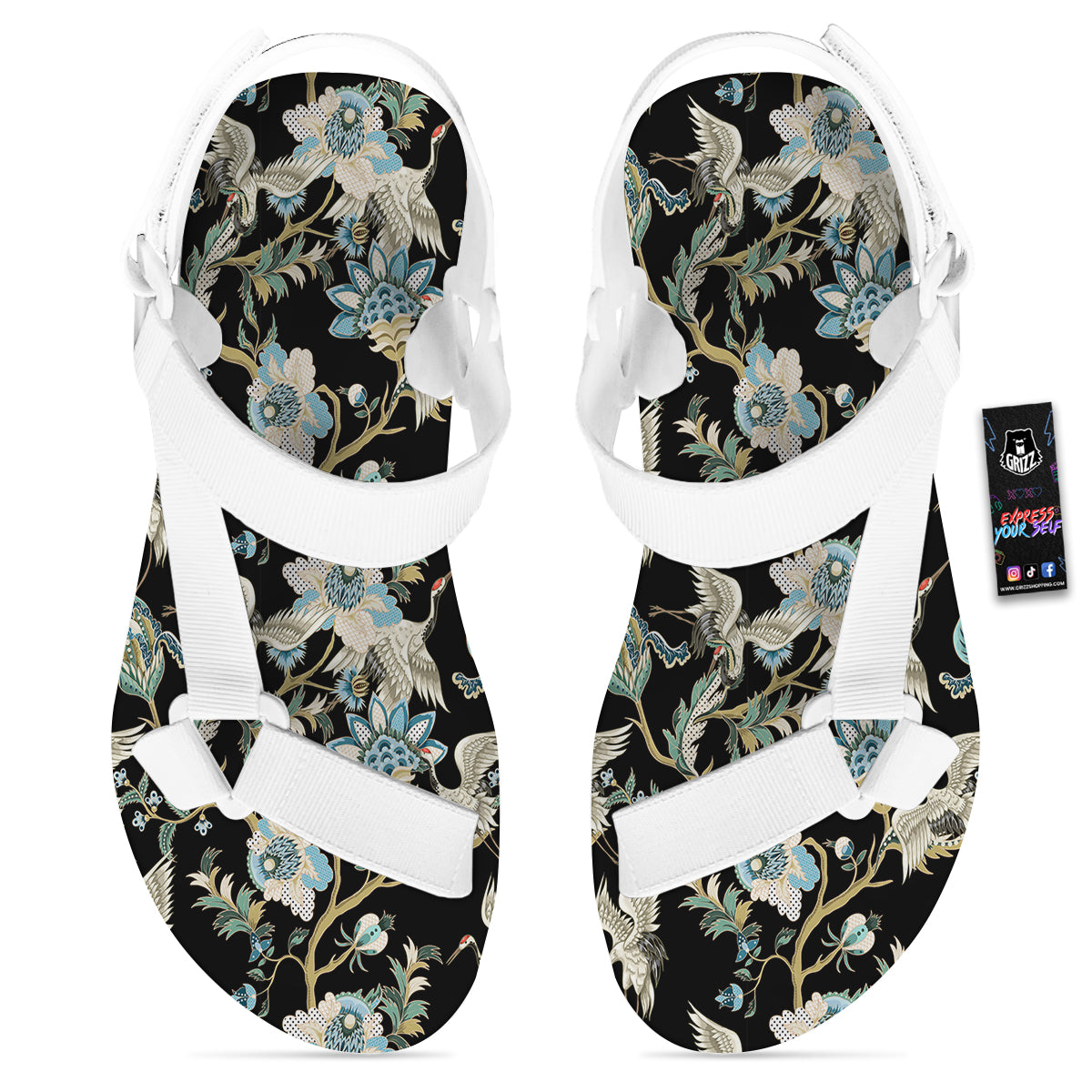White Cranes Japanese Black Print Pattern White Open Toe Sandals-grizzshop