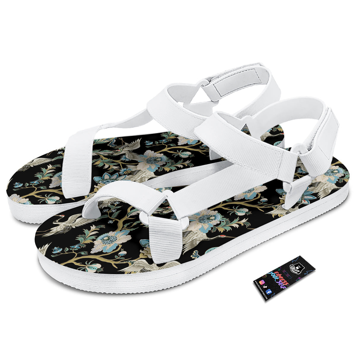 White Cranes Japanese Black Print Pattern White Open Toe Sandals-grizzshop