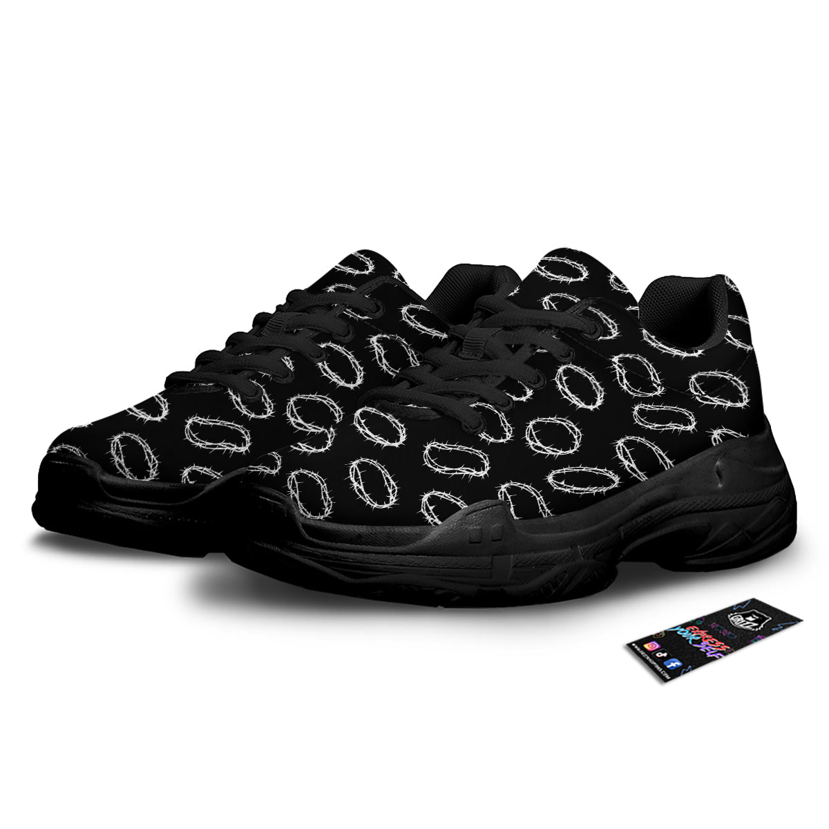 White Crown Of Thorns Print Pattern Black Chunky Shoes-grizzshop
