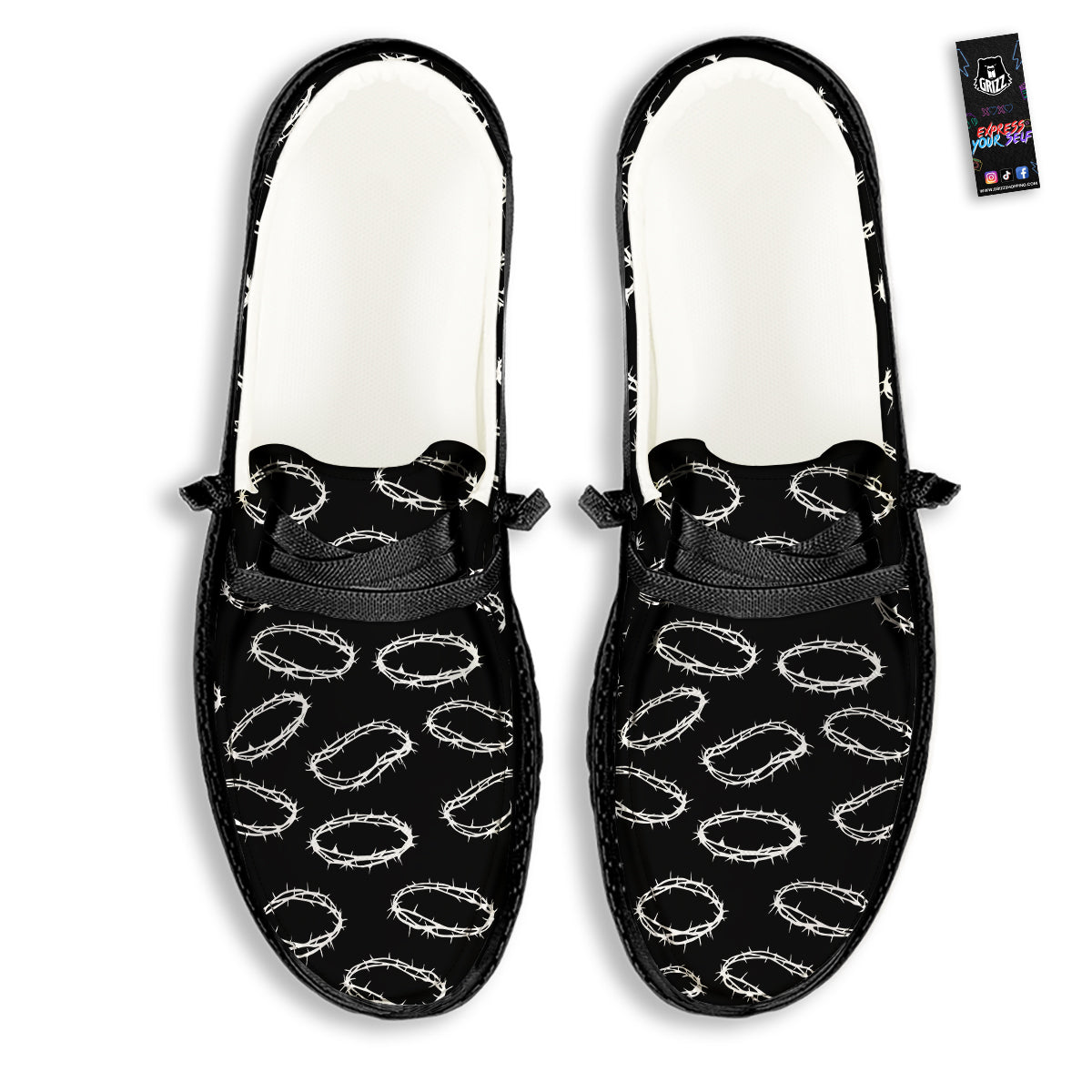 White Crown Of Thorns Print Pattern Black Loafers-grizzshop