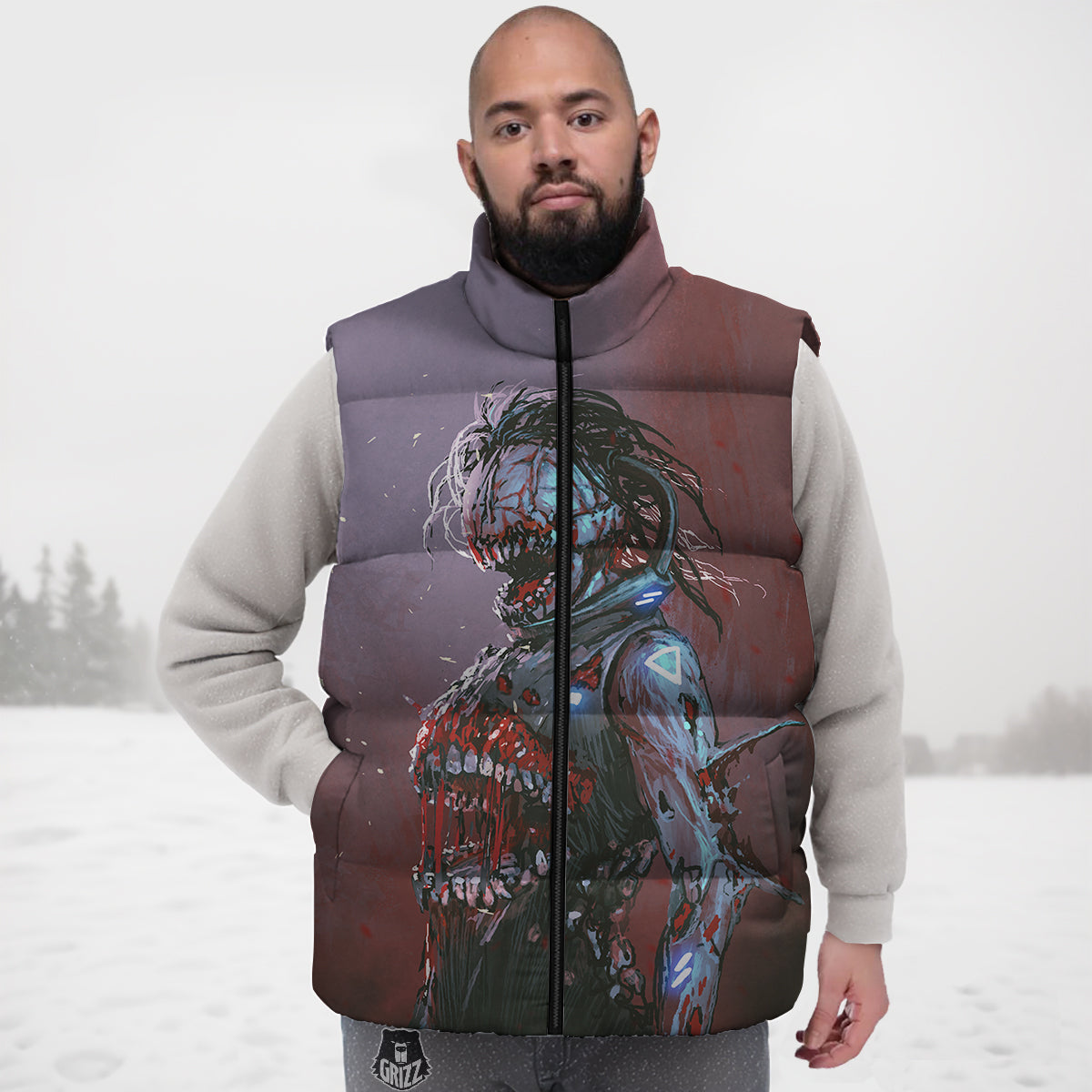 Watercolor Creepy Monsters Open Mouth Print Down Vest