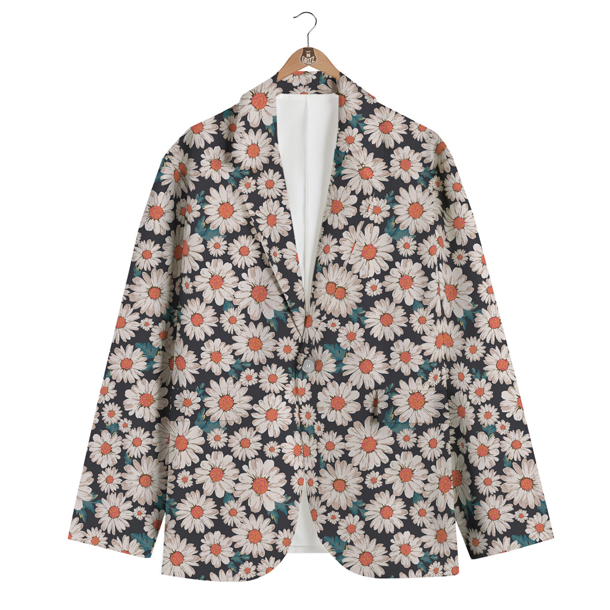 White Cute Daisy Pattern Print Men's Blazer-grizzshop