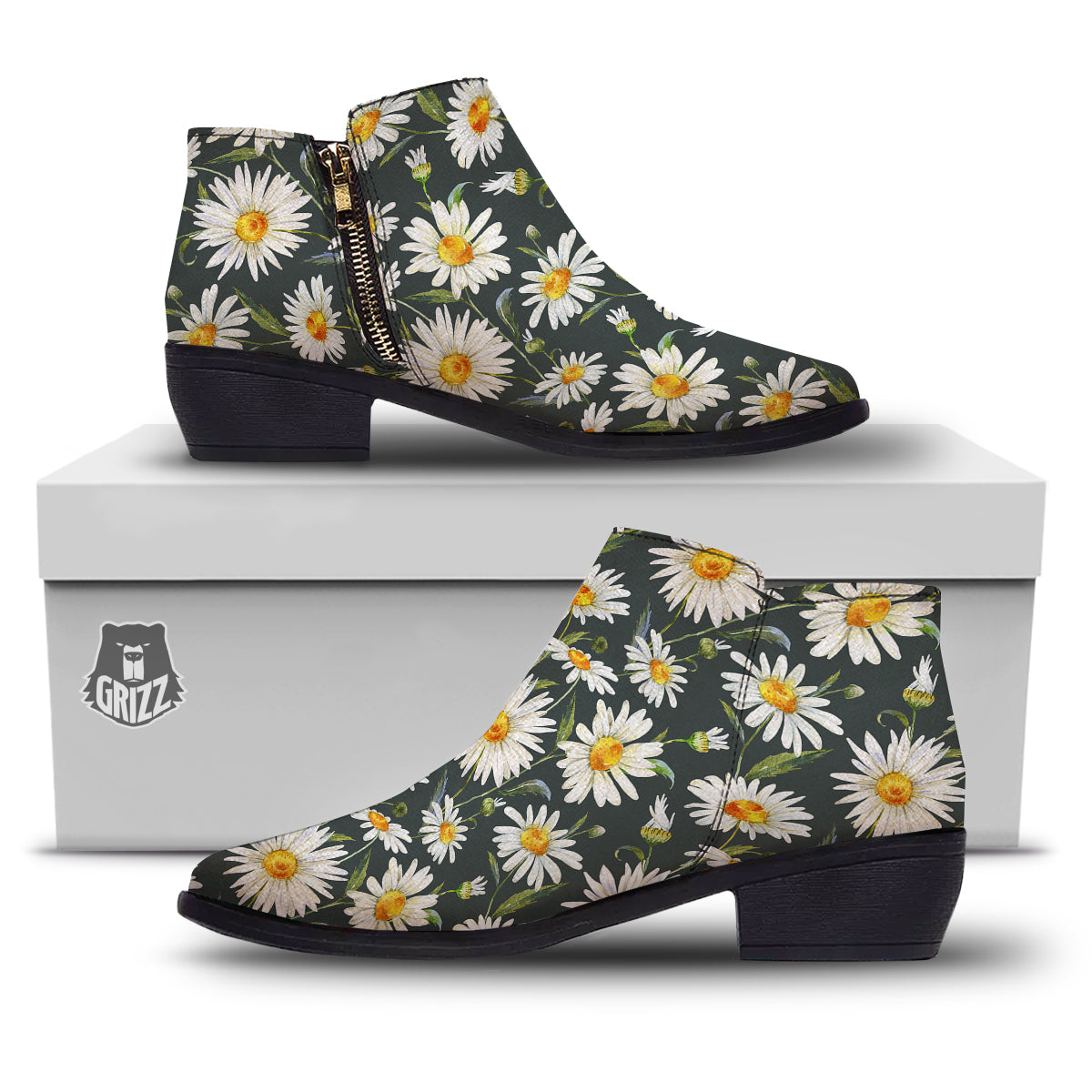 White Daisy Watercolor Print Pattern Ankle Boots-grizzshop