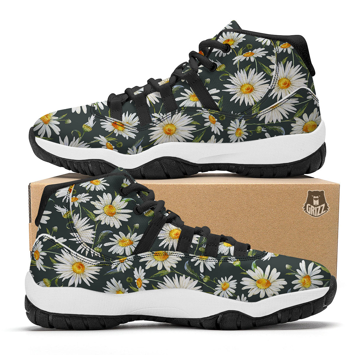 White Daisy Watercolor Print Pattern Black Bball Shoes-grizzshop