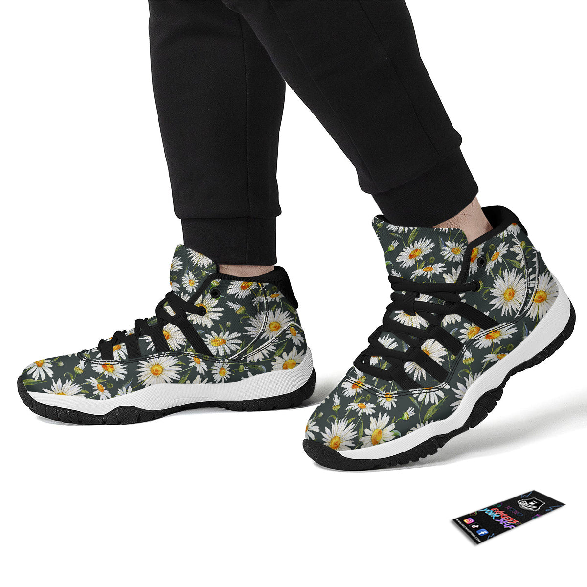White Daisy Watercolor Print Pattern Black Bball Shoes-grizzshop