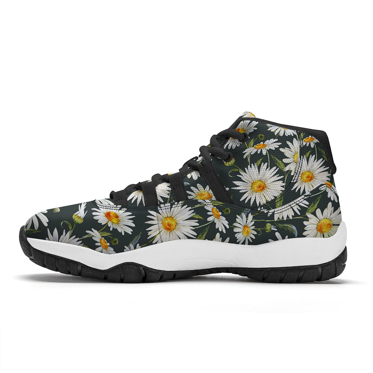 White Daisy Watercolor Print Pattern Black Bball Shoes-grizzshop