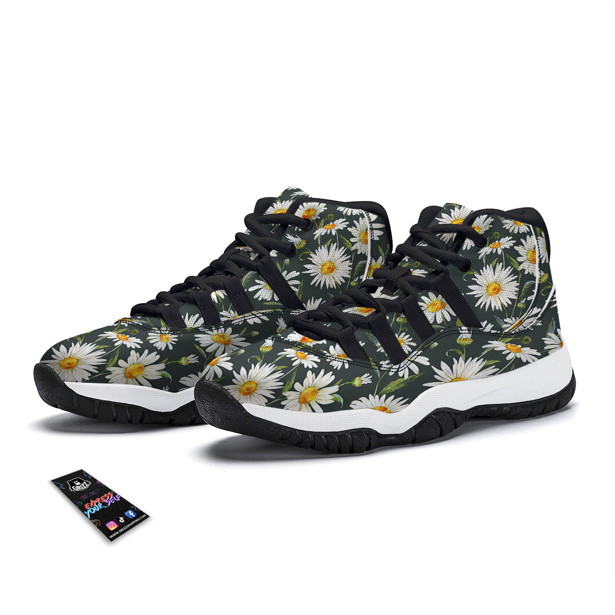 White Daisy Watercolor Print Pattern Black Bball Shoes-grizzshop