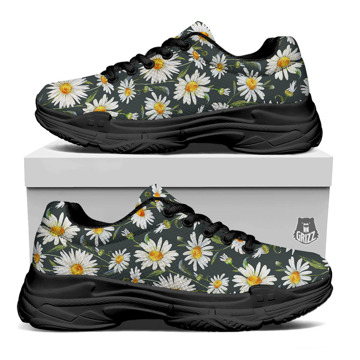 White Daisy Watercolor Print Pattern Black Chunky Shoes-grizzshop