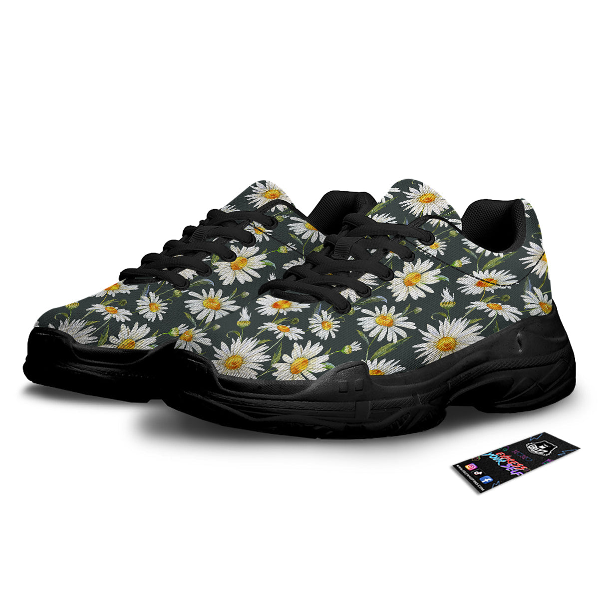 White Daisy Watercolor Print Pattern Black Chunky Shoes-grizzshop