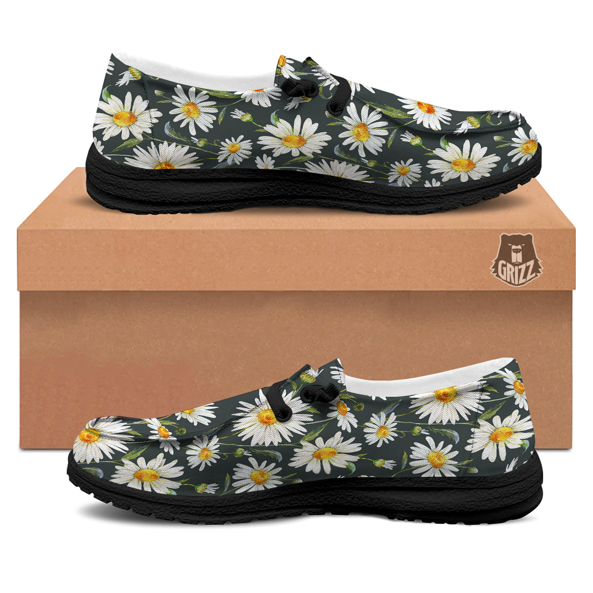 White Daisy Watercolor Print Pattern Black Loafers-grizzshop