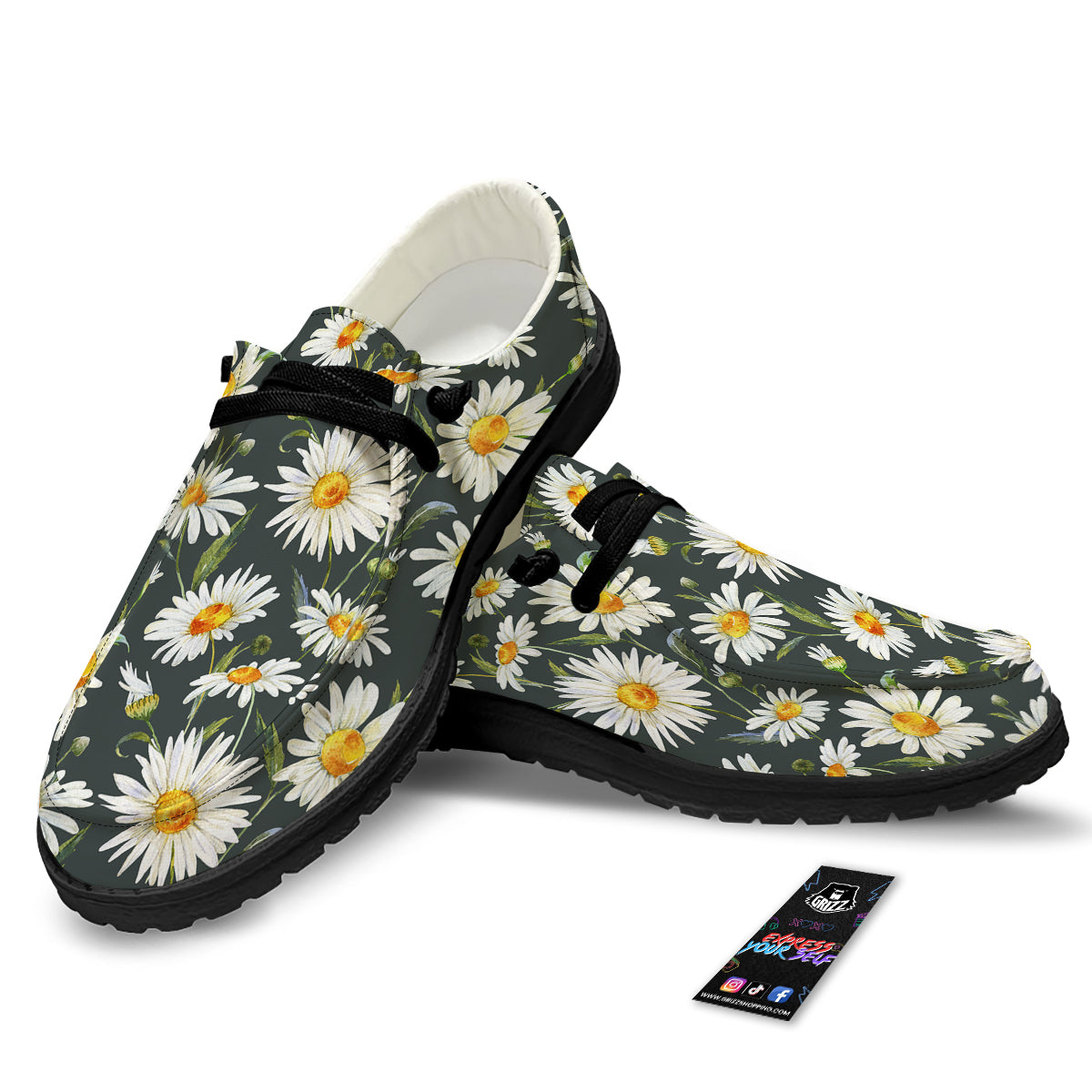 White Daisy Watercolor Print Pattern Black Loafers-grizzshop