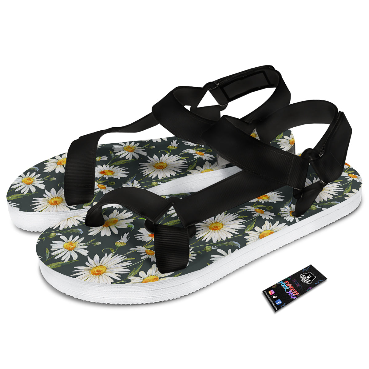 White Daisy Watercolor Print Pattern Black Open Toe Sandals-grizzshop