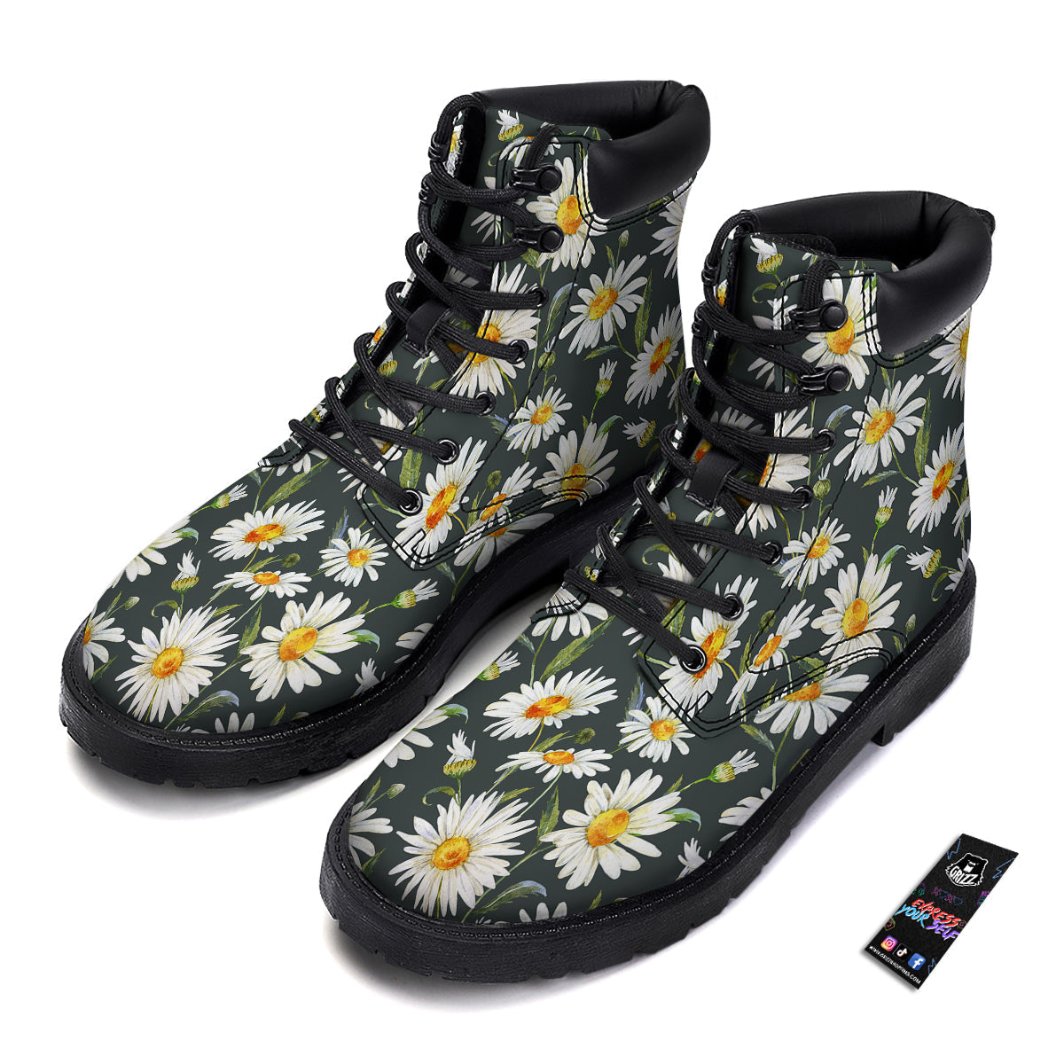 White Daisy Watercolor Print Pattern Boots-grizzshop