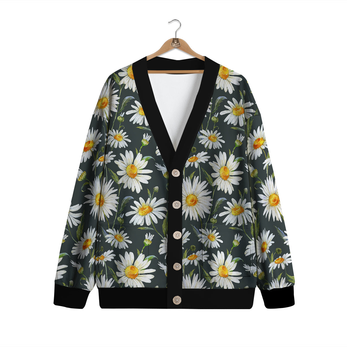 White Daisy Watercolor Print Pattern Cardigan-grizzshop