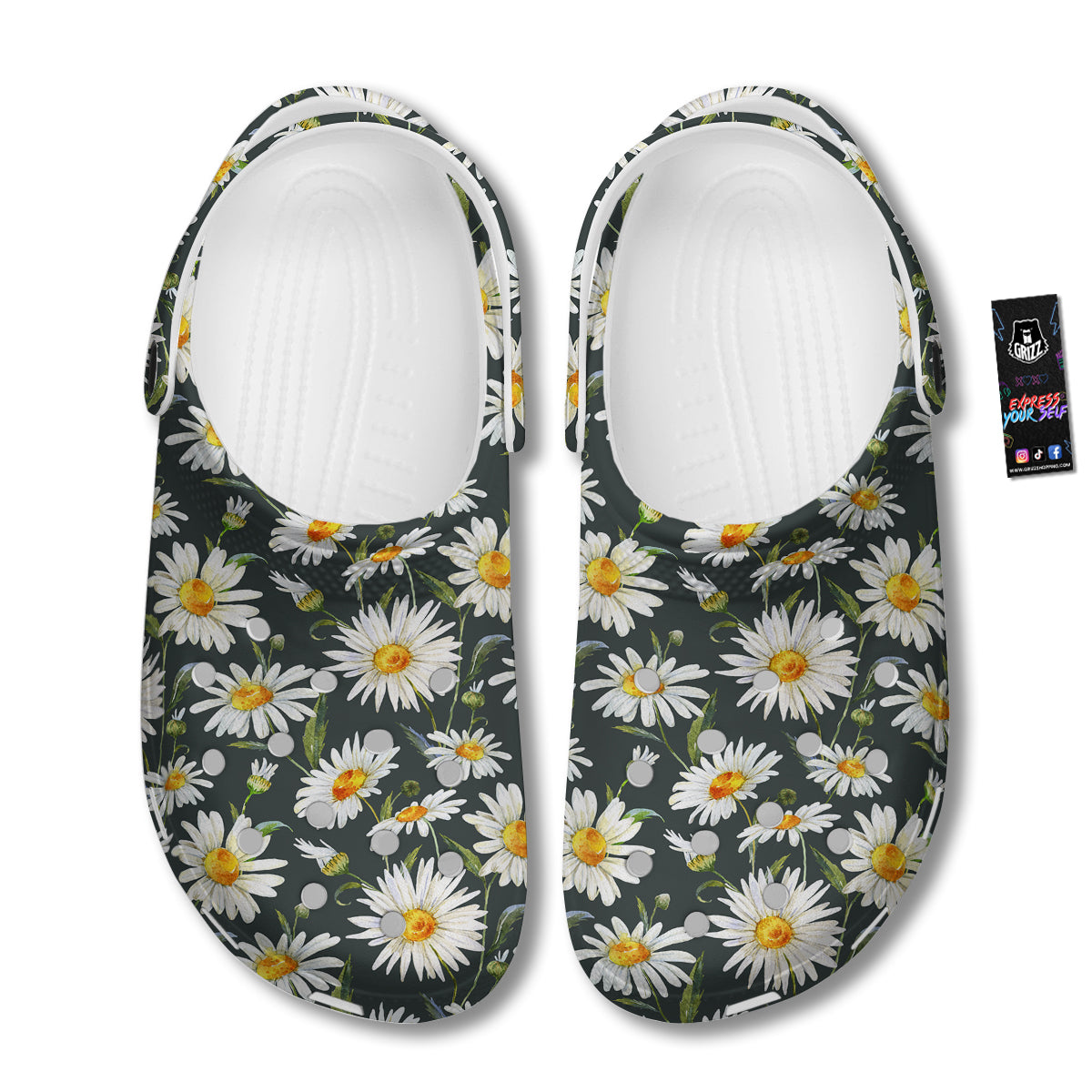 White Daisy Watercolor Print Pattern Clog-grizzshop