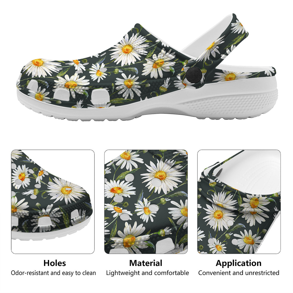 White Daisy Watercolor Print Pattern Clog-grizzshop