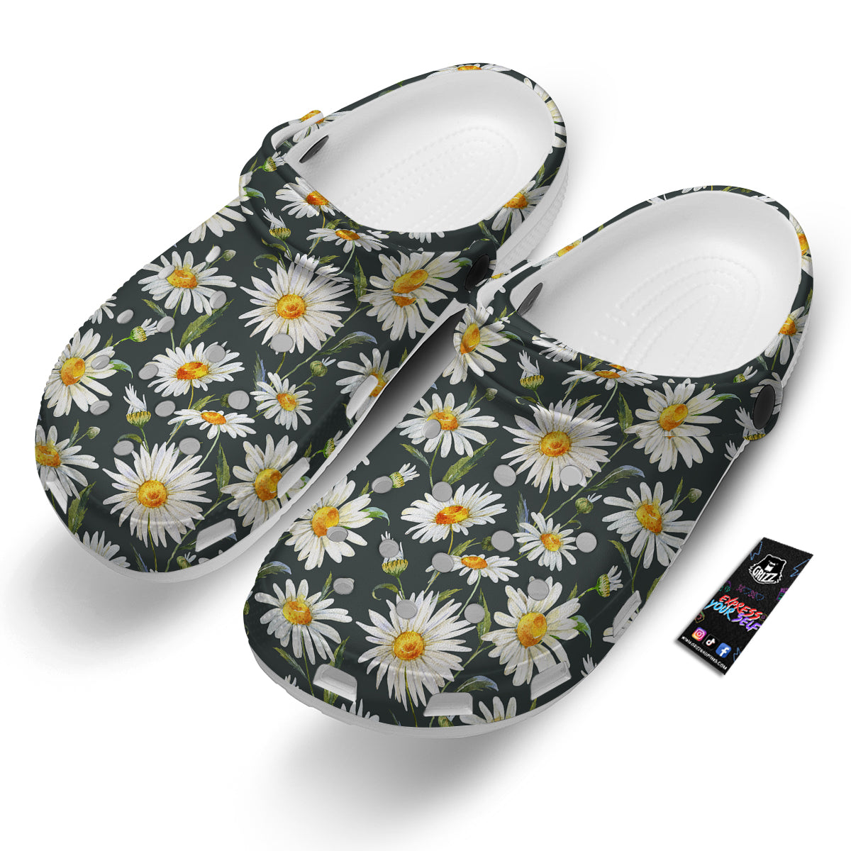 White Daisy Watercolor Print Pattern Clog-grizzshop