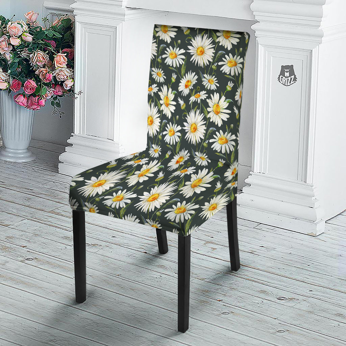 White Daisy Watercolor Print Pattern Dining Chair Slipcover-grizzshop