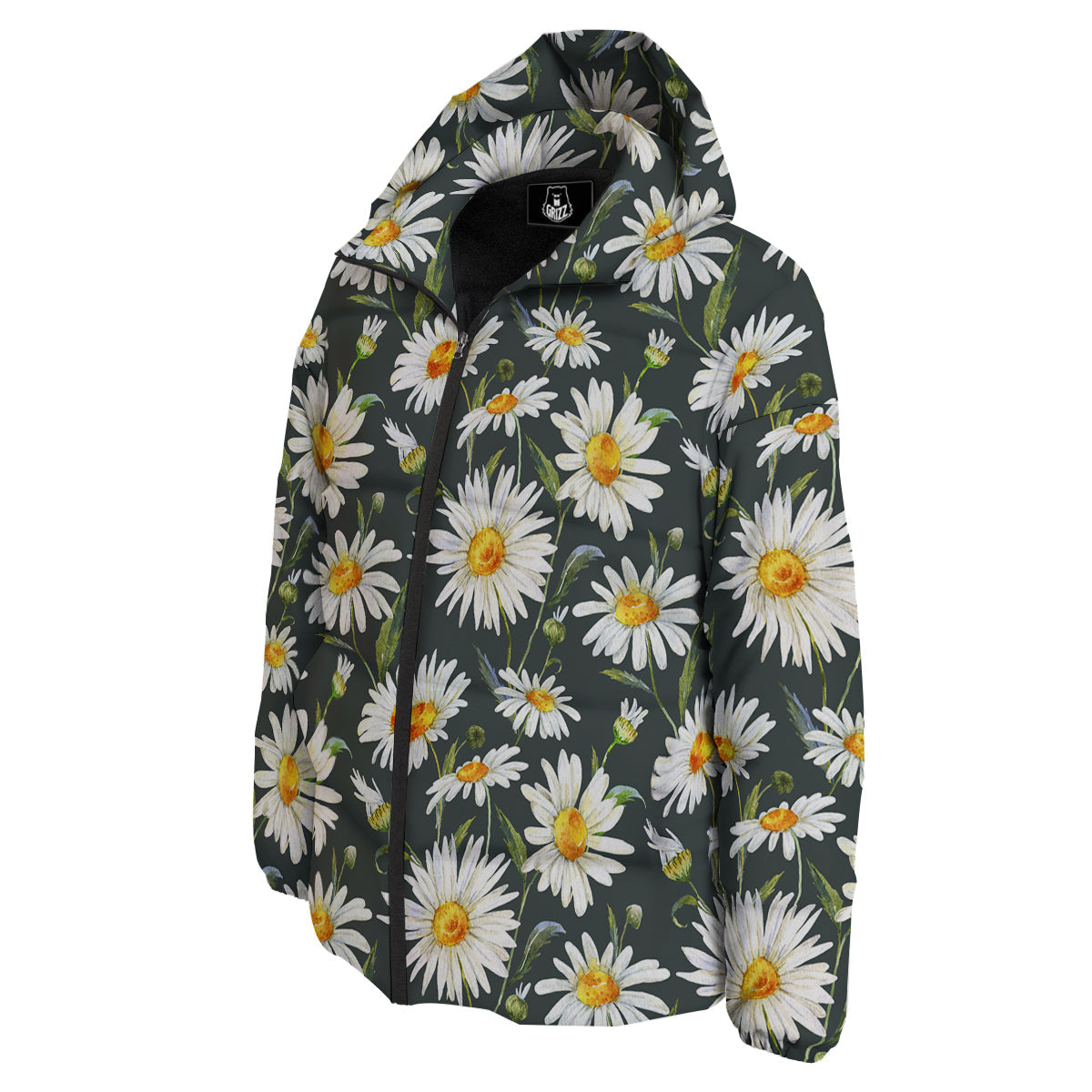 White Daisy Watercolor Print Pattern Down Jacket-grizzshop