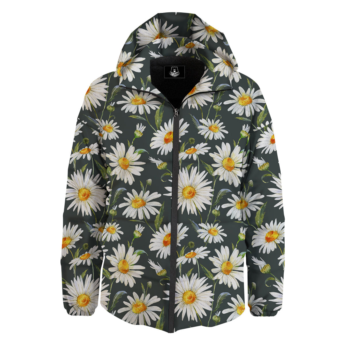 White Daisy Watercolor Print Pattern Down Jacket-grizzshop