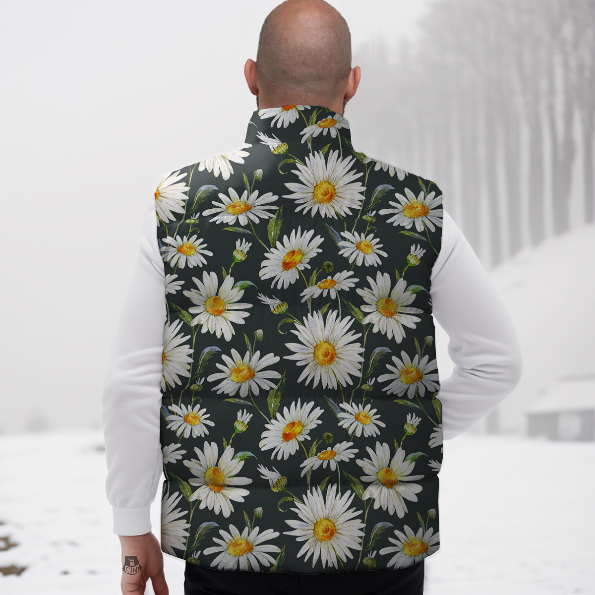 White Daisy Watercolor Print Pattern Down Vest