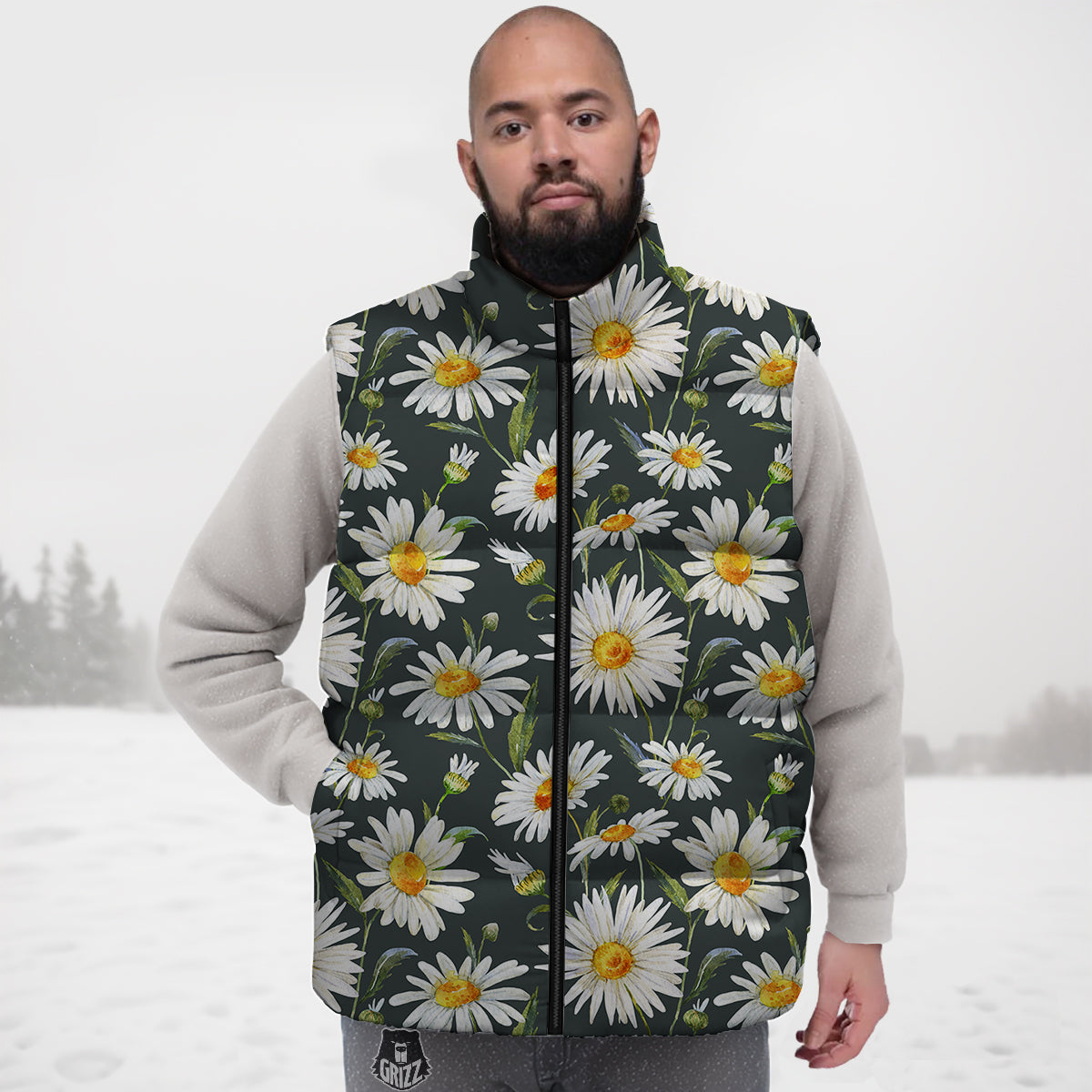 White Daisy Watercolor Print Pattern Down Vest