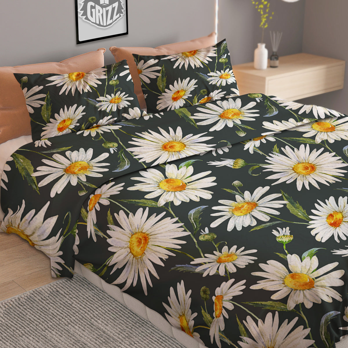 White Daisy Watercolor Print Pattern Duvet Cover Bedding Set