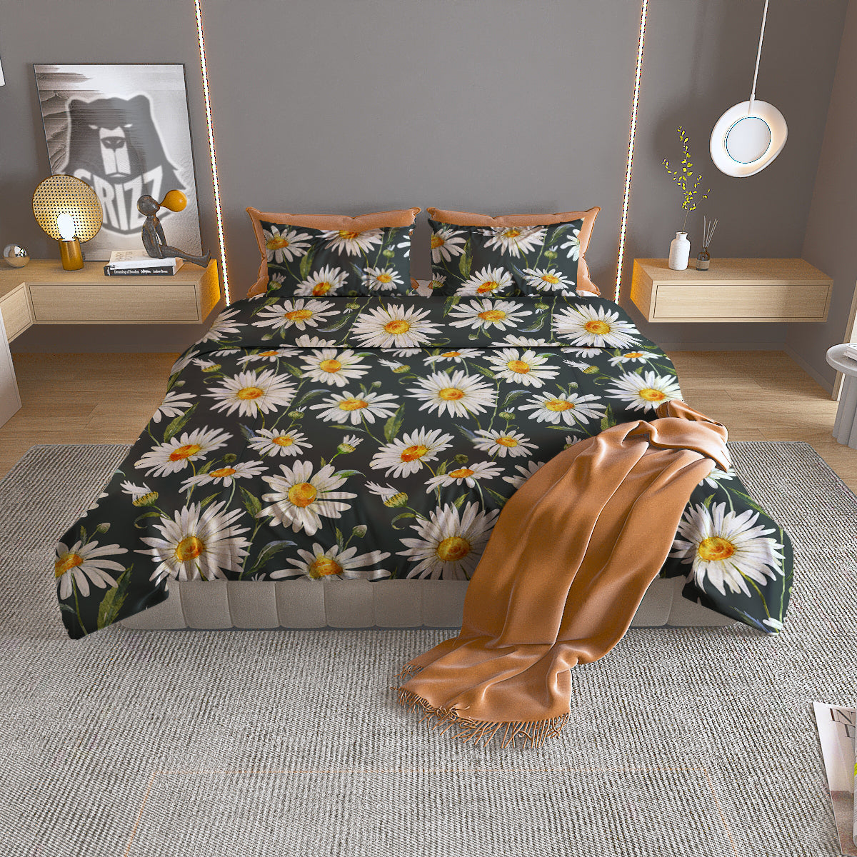 White Daisy Watercolor Print Pattern Duvet Cover Bedding Set