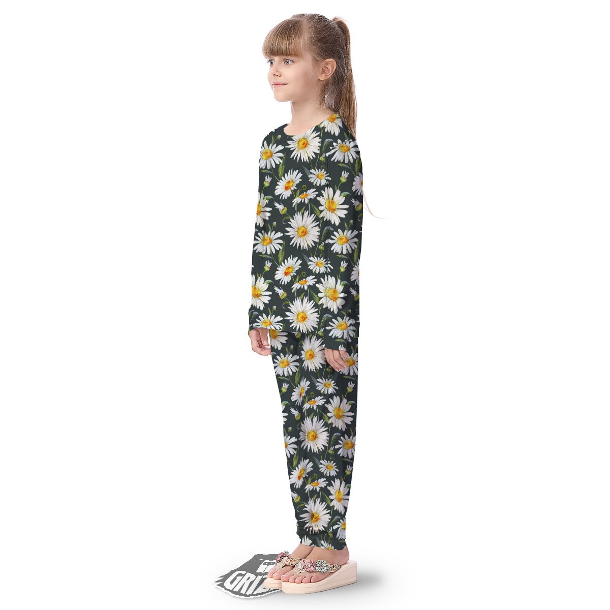 White Daisy Watercolor Print Pattern Kid's Pajamas-grizzshop