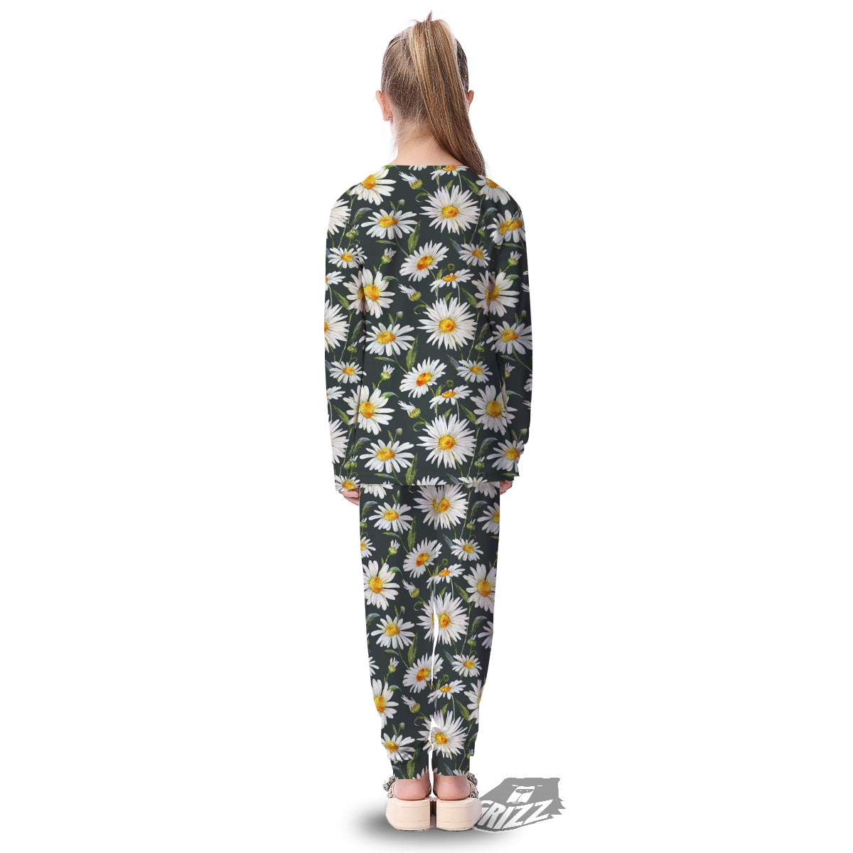 White Daisy Watercolor Print Pattern Kid's Pajamas-grizzshop