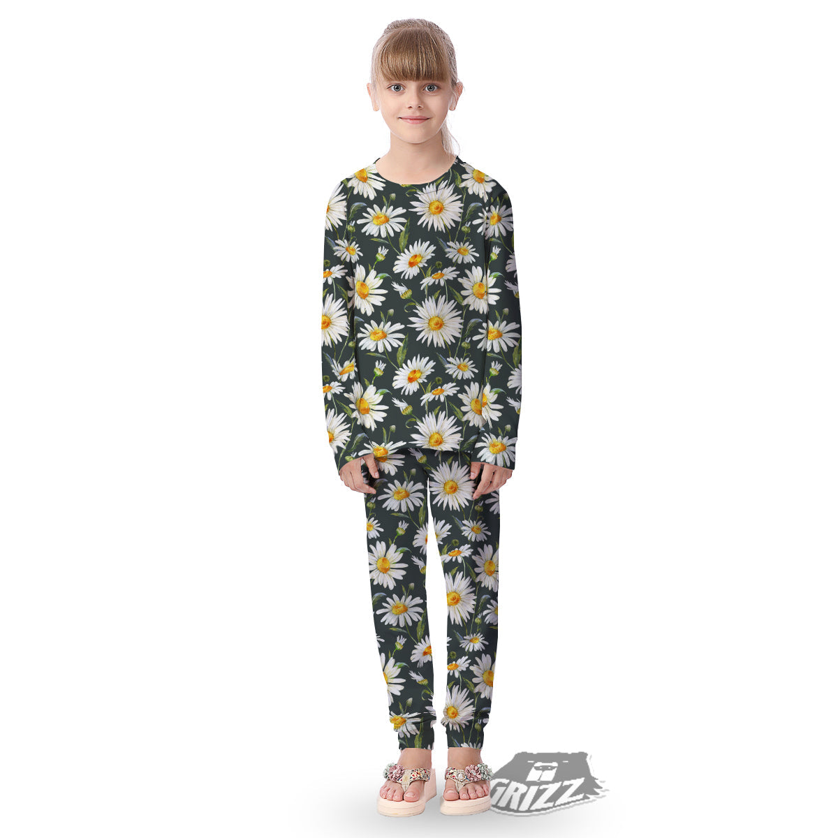 White Daisy Watercolor Print Pattern Kid's Pajamas-grizzshop