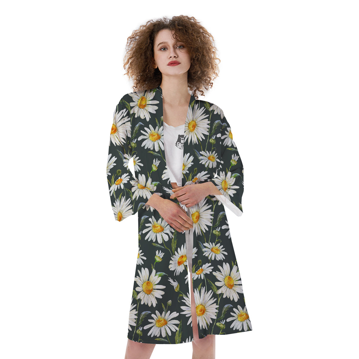 White Daisy Watercolor Print Pattern Kimono-grizzshop
