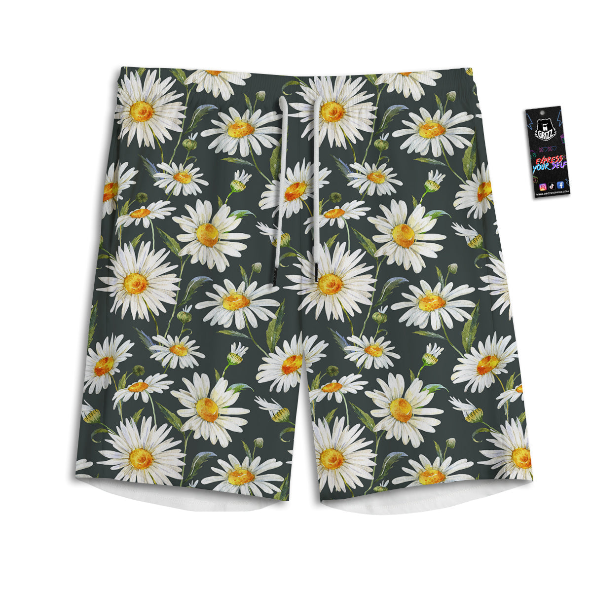 White Daisy Watercolor Print Pattern Men's Athletic Shorts